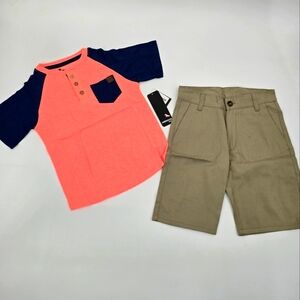 American Hawk Coral and Navy Kids' T-Shirt with Khaki Shorts 2 Pc Set Size 5/6